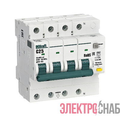 Выключатель автоматический дифференциального тока (АВДТ) 3P+N 25А 30мА A х-ка C ДИФ-103 6кА DEKraft 16430DEK