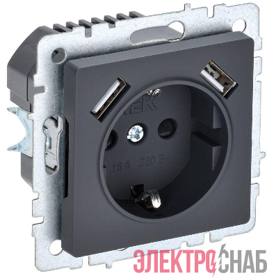 Розетка BRITE РЮш10-2-БрГ 16А с USB A+A 3.1А с заземл. защ. шторки механизм графит IEK BR-R14-16-U21-D31-K53