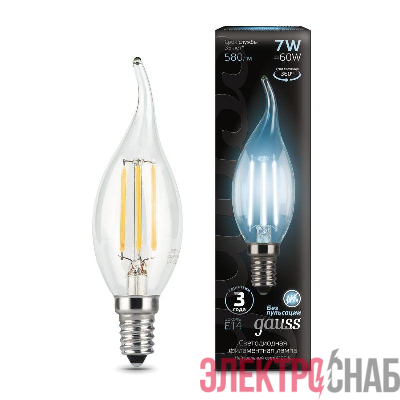 Лампа светодиодная филаментная Black Filament 7Вт свеча на ветру 4100К нейтр. бел. E14 580лм GAUSS 104801207