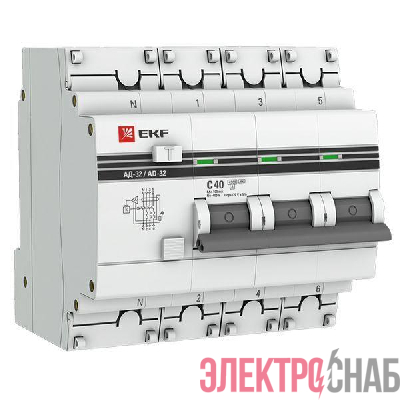Выключатель автоматический дифференциального тока 4п (3P+N) C 40А 100мА тип AC 4.5кА АД-32 защита 270В электрон. PROxima EKF DA32-40-100-4P-pro