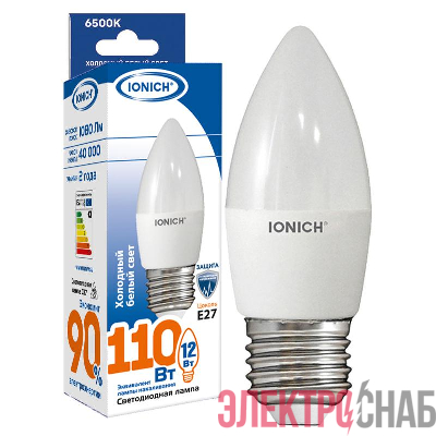 Лампа светодиодная C37 12Вт свеча 6500К E27 230В IONICH 1909