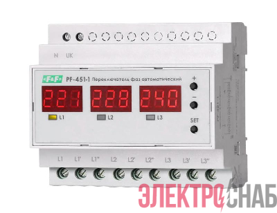 Переключатель фаз автоматический PF-451-1 (2 режима работы: с или без приоритетной фазы. Порог переключения: нижний 140-210В; верхний 240-300В; 3х63А монтаж на DIN-рейке) F&F EA04.005.005