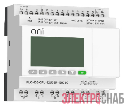 Модуль ЦПУ ПЛК 430 4 DI 6 UI (0-10В/DI) 2 UI (0-10В/0-20мА/DI) 6 RO 24В DC с Ethernet портом с экраном ONI PLC-430-CPU-12U06R-1DC-00