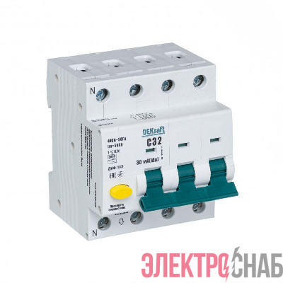 Выключатель автоматический дифференциального тока 4п (3P+N) C 32А 30мА тип AC 6кА ДИФ-103 DEKraft 16215DEK