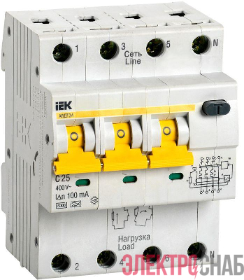 Выключатель автоматический дифференциального тока 4п (3P+N) C 25А 100мА тип A 6кА АВДТ-34 IEK MAD22-6-025-C-100