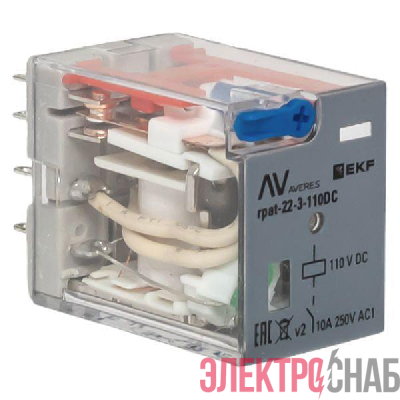Реле промежуточное с кнопкой и мех. индикацией RPAt 22/3 10A 110В DC AVERES EKF rpat-22-3-110DC