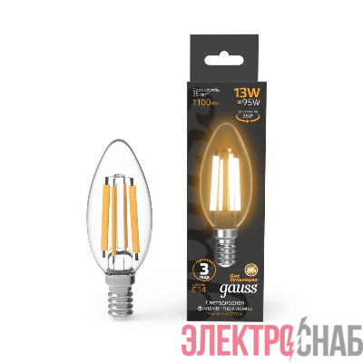Лампа светодиодная филаментная Black Filament 13Вт свеча 2700К тепл. бел. E14 1100лм GAUSS 103801113