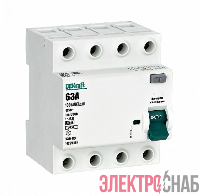 Выключатель дифференциального тока (УЗО) 4п 63А 100мА тип A 6кА УЗО-03 DEKraft 14299DEK