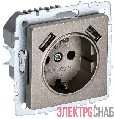Розетка BRITE РЮш10-2-БрШ 16А с USB A+A 3.1А с заземл. защ. шторки механизм шампань IEK BR-R14-16-U21-D31-K37