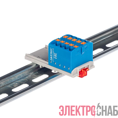 Блок распределительный с вертикал. адаптером на рейки шир. 15/35мм зажим push-in 10 точек подключения 2.5кв.мм син. DKC DTP1-010-04SPUB-V