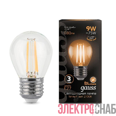 Лампа светодиодная филаментная Black Filament 9Вт P45 шар 2700К тепл. бел. E27 680лм GAUSS 105802109