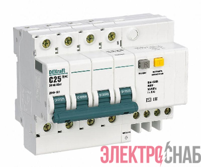 Выключатель автоматический дифференциального тока 4п (3P+N) C 25А 30мА тип AC ДИФ-101 со встроен. защитой от сверхтоков DEKraft 15186DEK