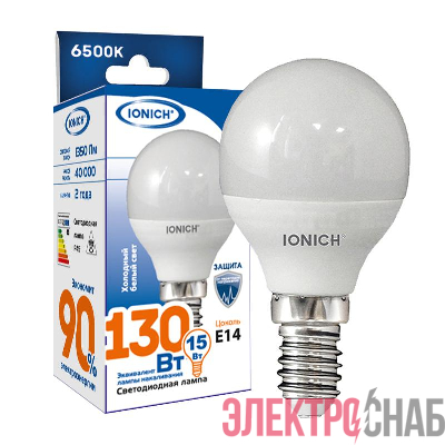 Лампа светодиодная P45 15Вт шар 6500К E14 1350лм 230В IONICH 1817