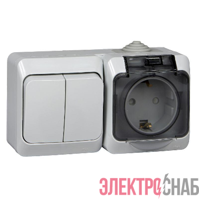 Блок ОП Этюд (1-м розетка 16А 250В евростандарт с заземл. защ. шторки + 2-кл. выкл.) IP44 сер. SE BPA16-242C
