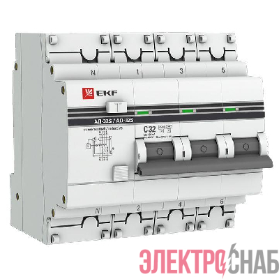 Выключатель автоматический дифференциального тока 4п (3P+N) 32А 100мА АД-32 селект. PROxima EKF DA32-32-100S-4P-pro