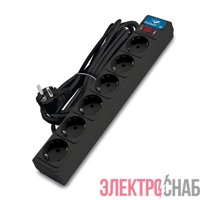 Удлинитель с сетевым фильтром 6х5м с заземл 10А IP20 2.2кВт ПВС 3х1 с выкл. черн. DOMTOK 2523