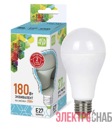 Лампа светодиодная LED-A60-standard 20Вт грушевидная 4000К бел. E27 1800лм 160-260В ASD 4690612004204