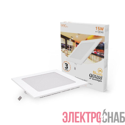Светильник светодиодный Slim 15Вт 3000К IP20 990лм 220-240В ДВО квадрат бел. GAUSS 940111115