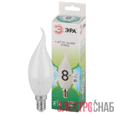 Лампа светодиодная GREEN LINE BXS-8W-840-E14 GL 8Вт свеча на ветру 4000К яркий свет бел. E14 Эра Б0067114