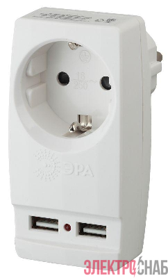 Адаптер 1-м с заземл. Polynom SP-1e-USB-W 220В 2хUSB 2100мА бел. Эра Б0026332