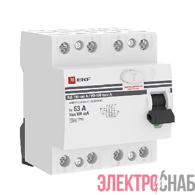 Выключатель дифференциального тока (УЗО) 4п 63А 100мА тип A ВД-100 электрон.PROxima EKF elcb-4-63-100-e-a-pro