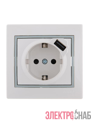 Розетка 1-м СП Mira 16А с заземл. + USB разъем с сер. вставкой бел. LEZARD 701-0215-181