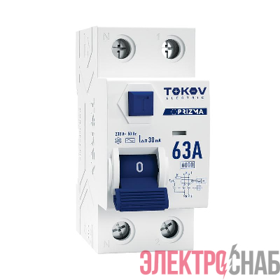 Выключатель дифференциального тока (УЗО) 2п (1P+N) 63А 30мА тип AC 6кА PRIZMA TOKOV ELECTRIC TKE-PZ60-RCDM-2-63-30-AC