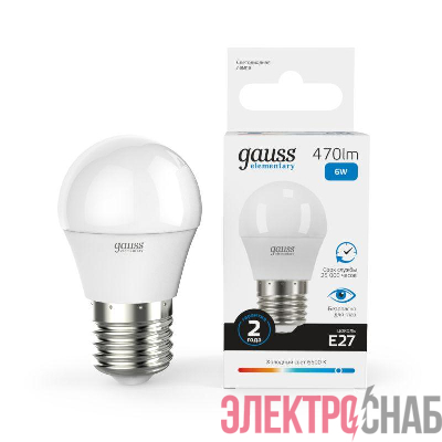Лампа светодиодная Elementary 6Вт P45 шар 6500К холод. бел. E27 470лм GAUSS 53236
