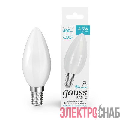 Лампа светодиодная филаментная Basic Filament 4.5Вт Свеча 4100К Е14 400лм milky GAUSS 1035125