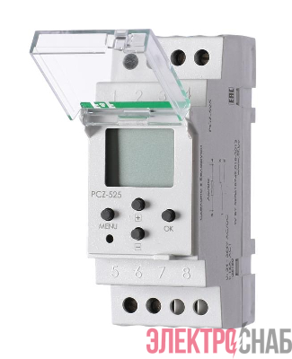 Реле времени астрономическое PCZ-525 24-264В AC/DC 16А 1 переключ. контакт IP20 1 канал монтаж на DIN-рейке F&F EA02.002.005