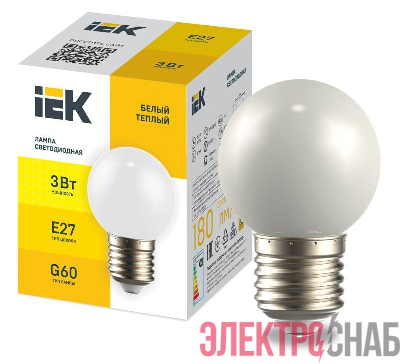 Лампа светодиодная декор. G60 3Вт шар тепл. бел. E27 230В IEK LLE-G60-3-230-WW-E27