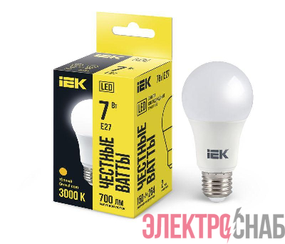 Лампа светодиодная A60 7Вт грушевидная 3000К тепл. бел. E27 630лм 230-240В IEK LLE-A60-7-230-30-E27
