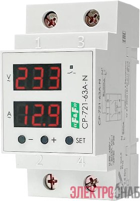 Реле напряжения с контролем тока и мощности CP-721-63A-N 1ф 2НО 2х63А с разрывом нейтрали в соответствии с ПУЭ 7.1.21 и предназнач. для защ. сети бытовой техники от повыш. или пониж. напржения в сети FF EA04.009.028