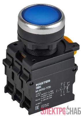 Кнопка d22мм 1НО+1НЗ MASTER с подсветкой и фиксацией син. IEK MI-BT60-11TD-3-11-K07
