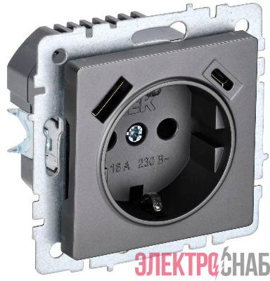 Розетка BRITE РЮш11-1-БрС 16А с USB A+C 18Вт с заземл. защ. шторки механизм сталь IEK BR-R14-16-U22-018-K46