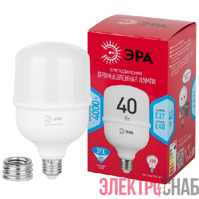 Лампа светодиодная высокомощная RED LINE LED POWER T100-40W-4000-E27/E40 R 40Вт Т100 колокол 4000К нейтр. бел. E27/E40 (переходник в компл.) 3900лм Эра Б0063852