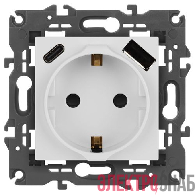 Розетка Elegance 14-4108-01 16A 250В 2P+E защ. шторки с USB type-A+C 3А 5В белый Эра Б0067736