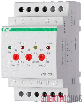 Реле напряжения CP-731 (трехфазный; микропроцессорный; контроль верхнего и нижнего значений напряжения; контроль асимметрии; чередования фаз; монтаж на DIN-рейке 35мм 3х400/230+N 2х8А 1Z 1R IP20) F&F EA04.009.005