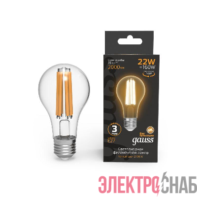 Лампа светодиодная филаментная Black Filament 22Вт A70 грушевидная 2700К тепл. бел. E27 2000лм GAUSS 102902122