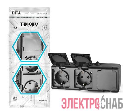 Розетка 3-м ОП Dita 16А IP54 250В с заземл. с крышкой карбон TOKOV ELECTRIC TKL-DT-R3Z-C14-IP54