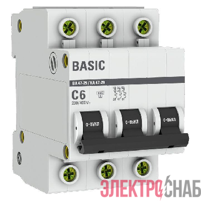 Выключатель автоматический модульный 3п C 6А 4.5кА ВА 47-29 Basic EKF mcb4729-3-06C