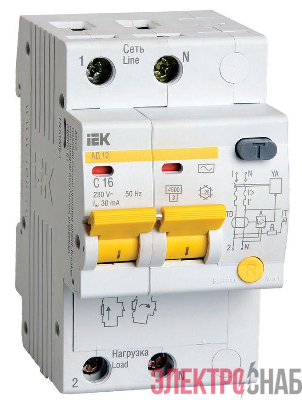 Выключатель автоматический дифференциального тока 2п C 16А 30мА тип AC 4.5кА АД-12 IEK MAD10-2-016-C-030