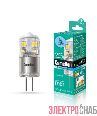 Лампа светодиодная LED3-G4-JD-NF/845/G4 3Вт капсульная прозрачная 4500К бел. G4 170-265В Camelion 13863