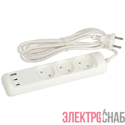Удлинитель электрический U-3-3m-USB-W 3 розетки + 3xUSB A+C 3м 10А бел. Эра Б0069076