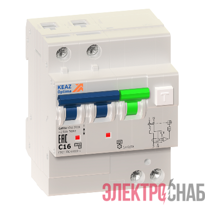Выключатель автоматический дифференциального тока 2п C 16А 30мА тип A OptiDin VD63 УХЛ4 АЭС КЭАЗ 367622