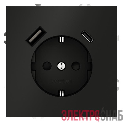 Розетка 1-м СП S70 16А с USB A+С с заземл. защ. шторки механизм черн. матов. Voltum VLS040508