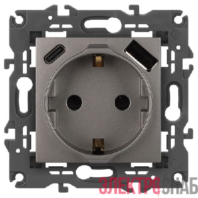Розетка Elegance 14-4108-16 16A 250В 2P+E защ. шторки с USB type-A+C 3А 5В титан Эра Б0067695
