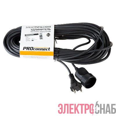 Удлинитель-шнур 1х20м без заземл. 6А IP20 1.3кВт ПВС 2х0.75 черн. PROCONNECT 11-7115