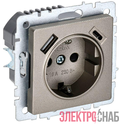 Розетка BRITE РЮш11-1-БрШ 16А с USB A+C 18Вт с заземл. защ. шторки механизм шампань IEK BR-R14-16-U22-018-K37
