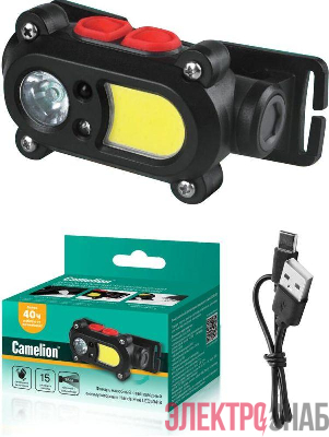 Фонарь аккумуляторный налобный 3.7В карбон 2 LED 3Вт 15 режимов сенсор MicroUSB бокс LED53418 Camelion 15746